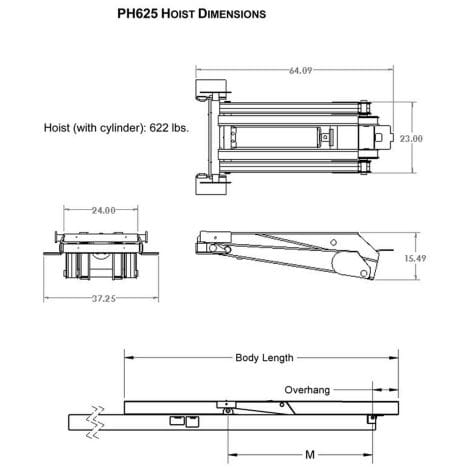 12 Ton (24,000 lb) Dump Trailer Hydraulic Scissor Hoist Dimensions - PH625